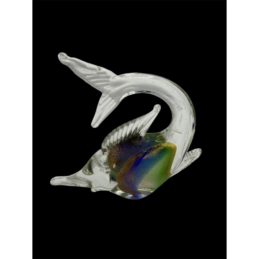Murano Sommerso Art Glass Fish Figurine Gold Fleck Aventurine‎ Blue Green 5.25in